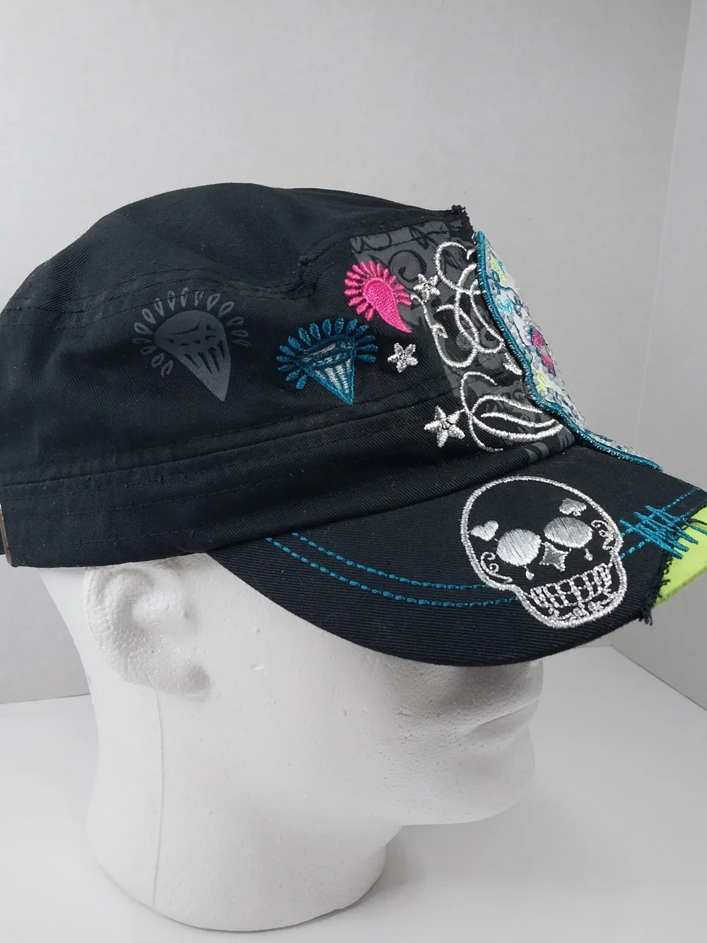 Leader Sugar Skull Embroidered Rhinestone Distressed Cadet Hat Adjustable cap - Picture 6 of 13